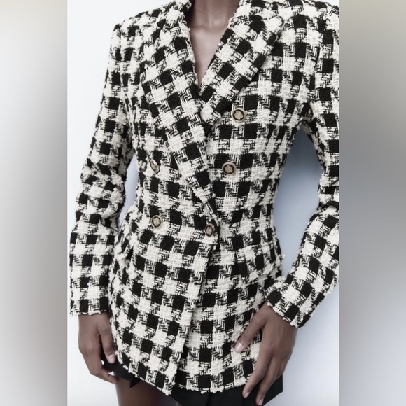 Zara Houndstooth Double Breasted Blazer with Detailed Buttons Size Small - Picture 3 of 10